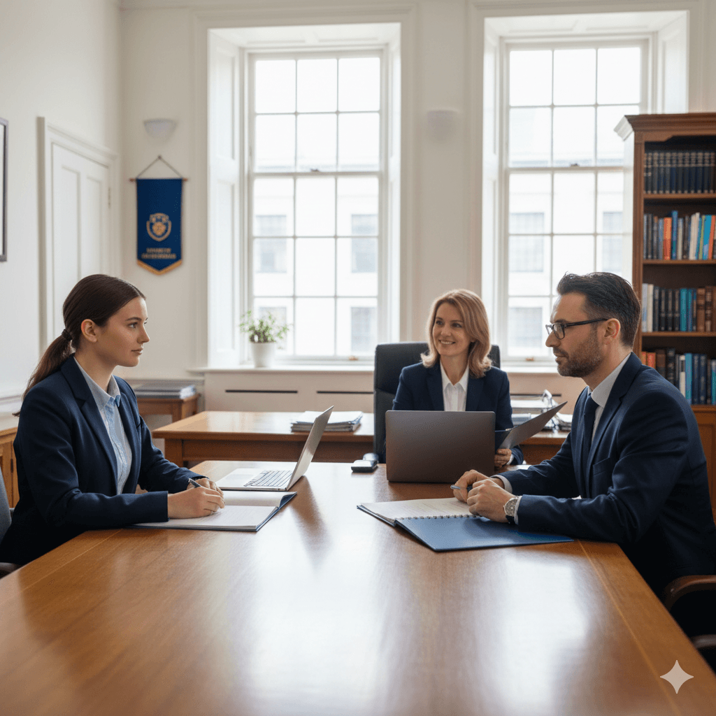 A student in a formal setting being interviewed by two university admissions tutors.