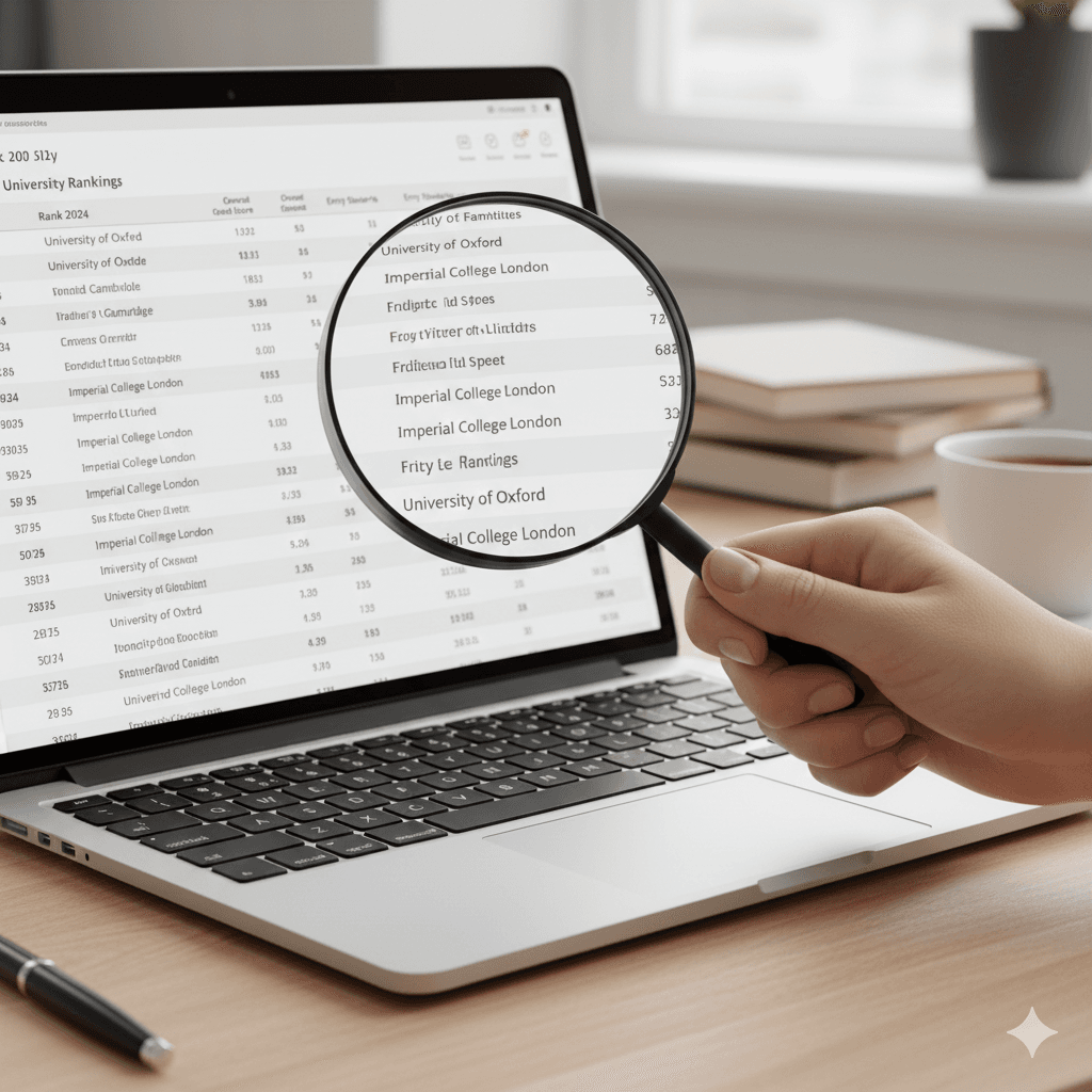 A magnifying glass over a list of university rankings on a computer screen.