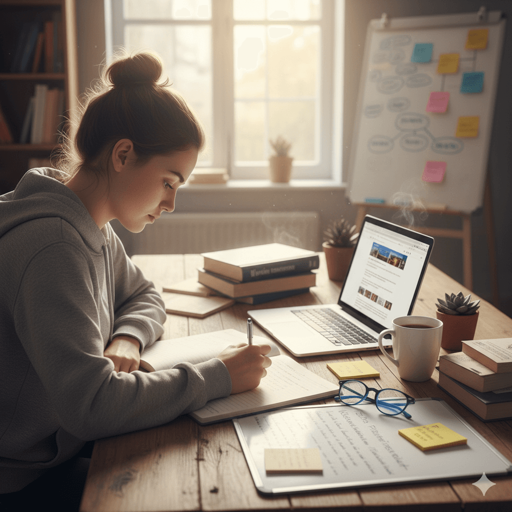 A student writing a personal statement at a desk.