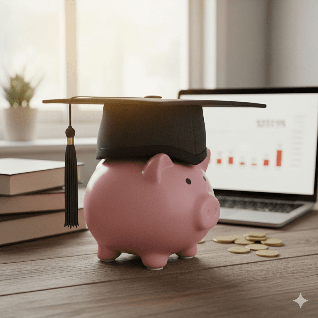A graduation cap with a piggy bank, symbolizing the cost of and savings for education.