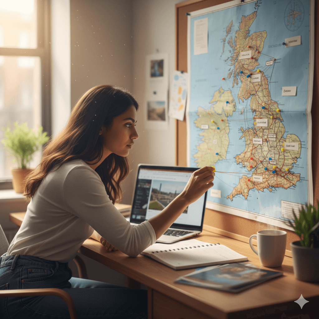 A student looking at a map of UK universities with several pins on different locations.