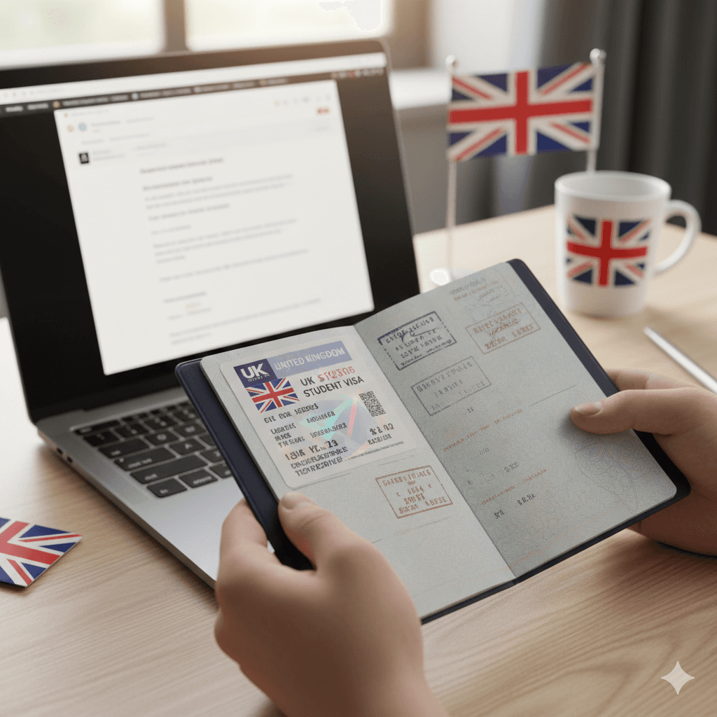 A person holding a passport with a UK visa stamp, with a laptop in the background.
